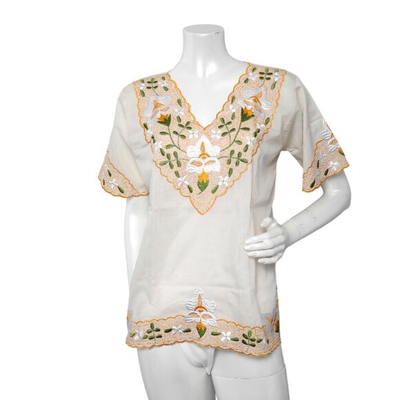 Vintage Ethnic Floral Embroidered Top Short Sleeve Shirt Mexico Yellow Cream - Picture 2 of 10